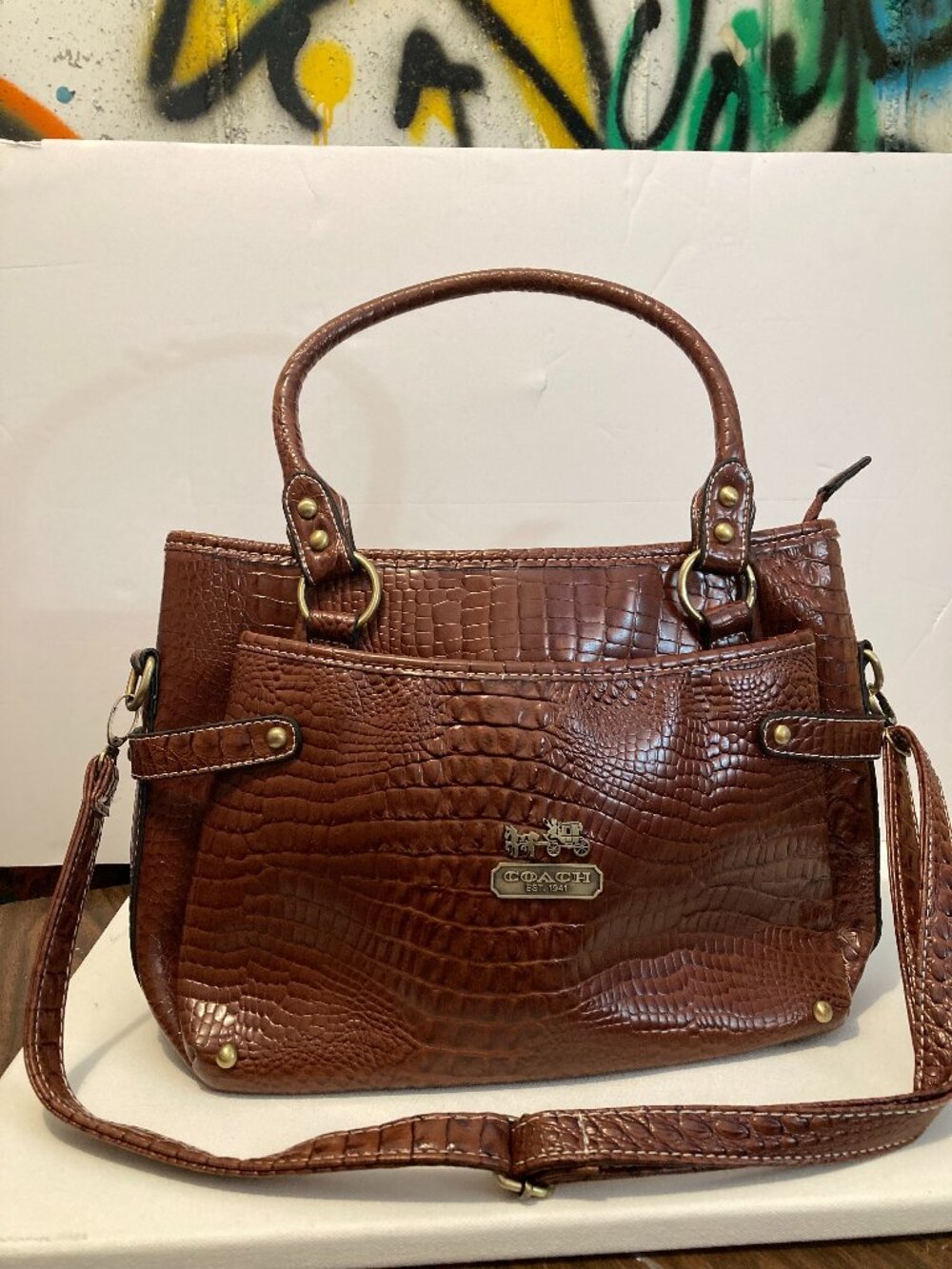 Vintage Coach Brown Croc Embossed Leather Satchel Shoulder Bag